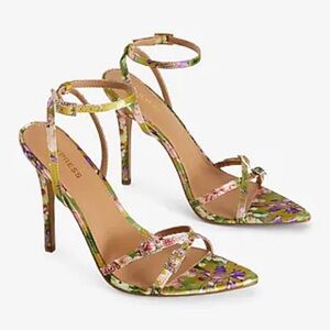 Express Pointed Toe Floral Satin Sandals - Rhinestone Detail - Women's 8